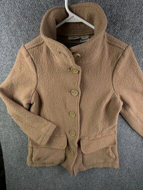 LL Bean Bellandi Large Women Beige Wool Coat Italy Made Buttons Pockets Winter